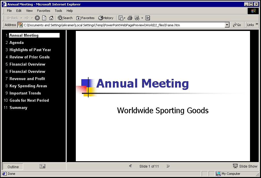 PowerPoint 2002 Level 2 If you have set up your presentation to use timings, the slide show will play in Web Page Preview. If not, only the current slide will appear.