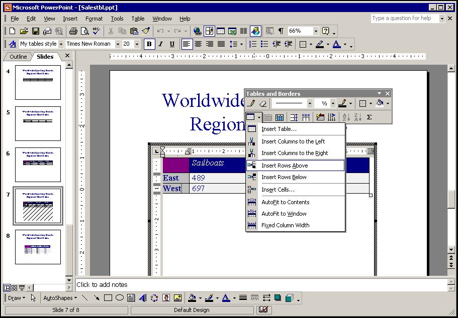 PowerPoint 2002 Level 2 Lesson 3 - Using Tables Procedures 1. Double-click the embedded Word object. 2. Click any cell in the row or column you want to select. 3. Select the Table menu. 4.