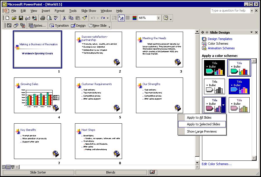 PowerPoint 2002 Level 2 Lesson 4 - Customizing Presentations Applying a color scheme to a single slide You can also use color schemes to coordinate the colors in charts and tables or to recolor