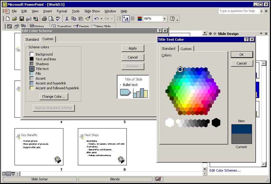 Lesson 4 - Customizing Presentations PowerPoint 2002 Level 2 CUSTOMIZING A COLOR SCHEME Discussion If none of the standard color schemes meets your needs, you can create a custom color scheme.