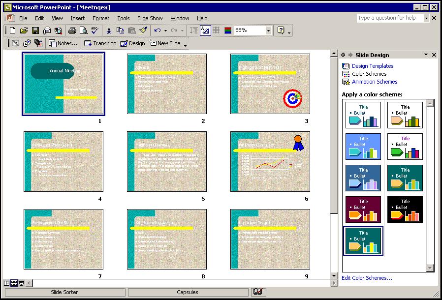 Lesson 4 - Customizing Presentations PowerPoint 2002 Level 2 EXERCISE CUSTOMIZING PRESENTATIONS Task Customize a presentation. 1. Open Meetngex and switch to Slide Sorter view. 2. Select slide 1, if necessary, and apply a new color scheme (third row, first column) just to it.