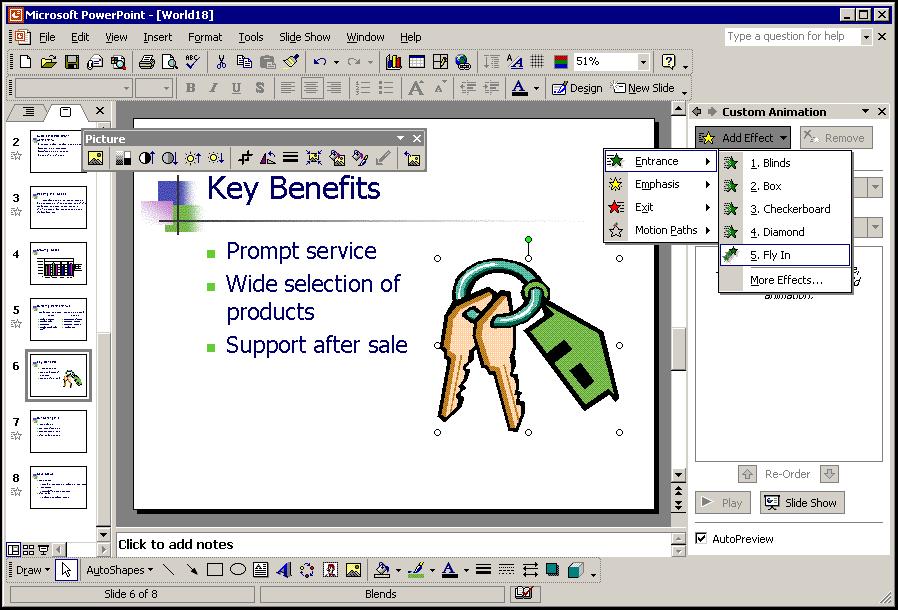 Lesson 5 - Adding Special Effects PowerPoint 2002 Level 2 Setting a custom animation You can add preset animation effects to the Custom Animation task pane for an object by right-clicking the object