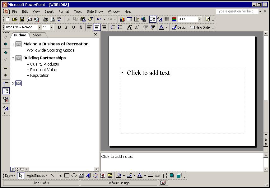 PowerPoint 2002 Level 2 Lesson 1 - Using the Outline Tab Creating a bulleted list You can use the Bullets button on the Formatting toolbar to remove bullets from text.
