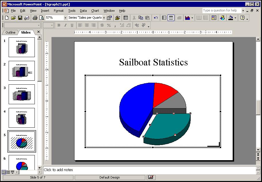 PowerPoint 2002 Level 2 Lesson 8 - Editing and Importing Charts 3. Click at the intersection of any two axes. 4. Drag any sizing handle to adjust the elevation and rotation of the chart.