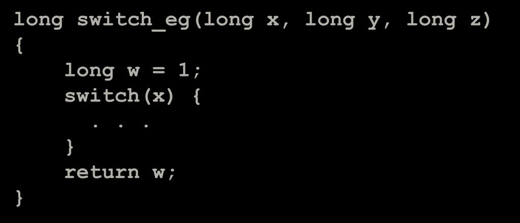long switch_eg(long x, long y, long z) { long w = 1; switch(x) {.