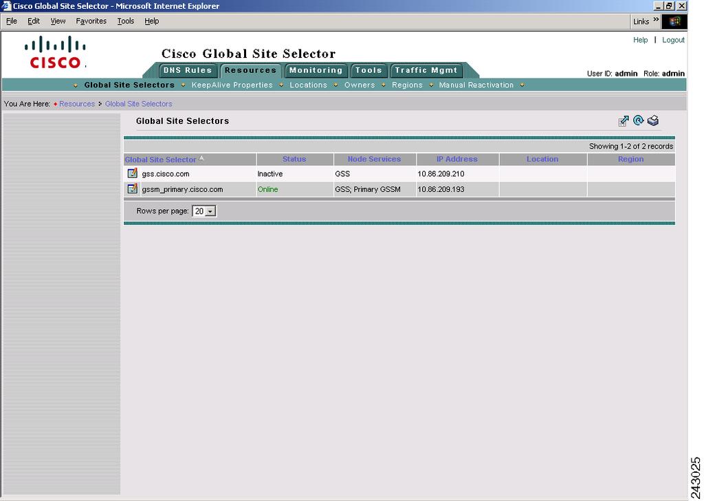 Chapter 1 Activating and Modifying GSS Devices Figure 1-4 Global Site Selectors List Page Inactive Status 3.