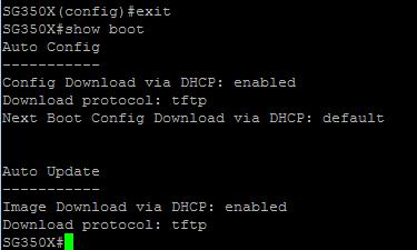 The boot host auto-config and auto-update settings should be displayed. You should now have successfully configured the DHCP auto-config and auto-update settings on your switch through the CLI.