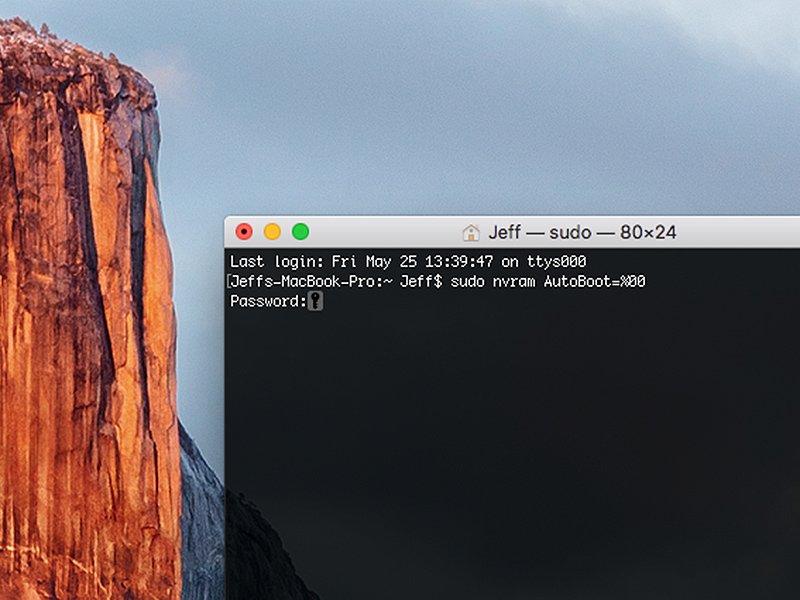 Power on your Mac and launch Terminal. Copy and paste the following command (or type it exactly) into Terminal: sudo nvram AutoBoot=%00 Press [return].