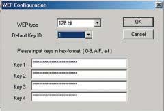 Default Key ID: 1 is the default key, or you may select a key from 1-4 Input WEP keys: Input up to 4 WEP keys in hexadecimal format Click OK if you have made any changes Configuration>Advanced