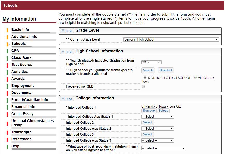 Student Profile: Schools Be complete and accurate!