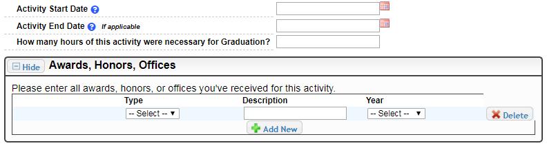 Student Profile: Activities This Activity form appears when you click to add an activity.