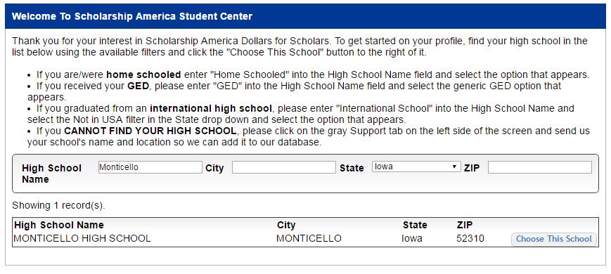 Creating Your Profile Start by entering the name of your high school.