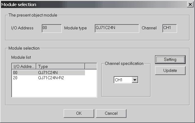 9 DEBUGGING SUPPORT FUNCTIONS 9.1 Module Selection PURPOSE Select the Q series C24 module to be debugged. Execute circuit trace, communication test and/or state monitor for the module selected here.