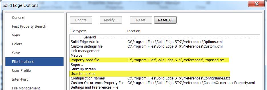 Setup Search Define list of custom properties Solid Edge provides 2 tools for managing custom