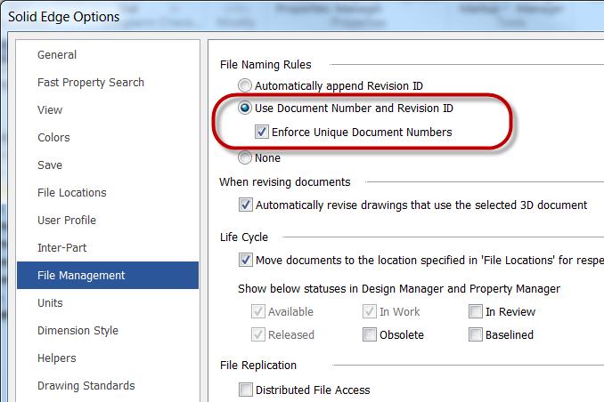 Uniqueness File and Document Number Uniqueness Solid Edge Options -> File Management None, turns this functionality off This is the recommended setting for existing users until you plan and test your