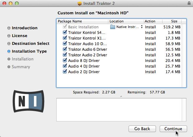 Software Installation Installation on Mac OS X The components selection screen of the installation program. Basic Installation: This installs the TRAKTOR software along with its documentation.