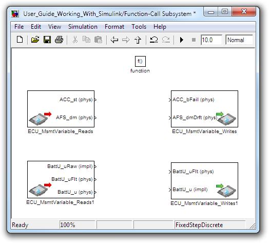 Figure 107: Adding EHOOKS ECU Variable Read and Write Blocks to the Model Figure 108 shows the configuration interface for setting the EHOOKS properties associated with the hooks that EHOOKS will