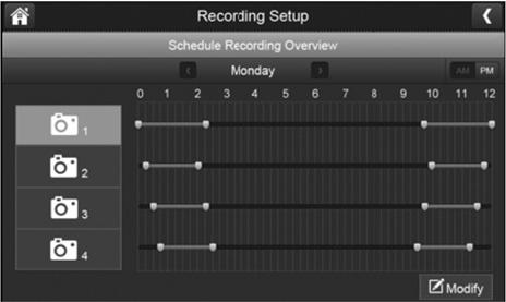 1. Press the scheduled recording icon and the overview will display as shown below: 2. Press the modify button in the lower right corner to display the schduled recording setup screen. 3.