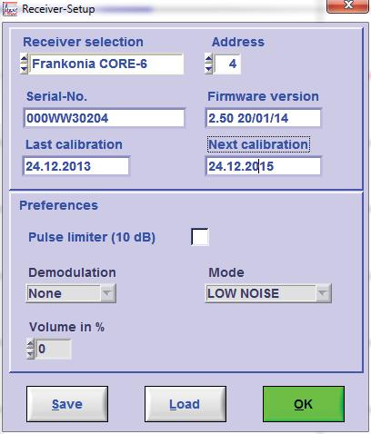 12. Preferences Here settings to the used devices, the measuring runs (scans) and the diagrams are made. 12.1. Devices 12.1.1. Receiver Figure 15 : Settings of receiver At first the used receiver has to be selected from the list.