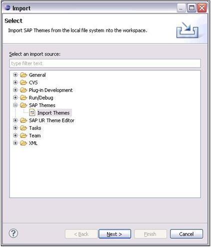 Figure 1: Import Theme Wizard 5. Enter a name for the project. For example,<customthemes>. 6. Define the source. Browse to the downloaded Eclipse_Theme_Editor_version2_Project_File.