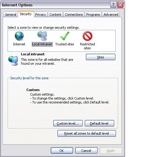 4 Network Safety Level Setup You need to modify your IE security setup if you can not install controls properly. Open your IE browser, Tools->Internet Options->Security, select Local Intranet.