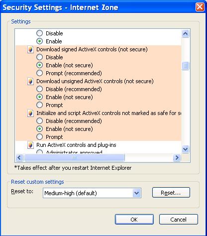 If you can t download the ActiveX file, please modify your settings as follows.