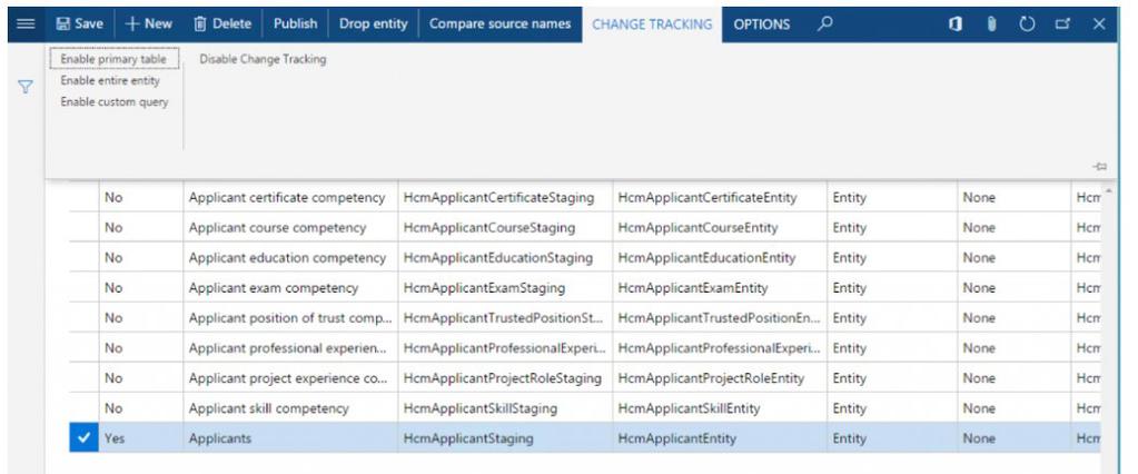 The Change tracking option on the Publish page lets you configure how changes are tracked on the underlying entity.