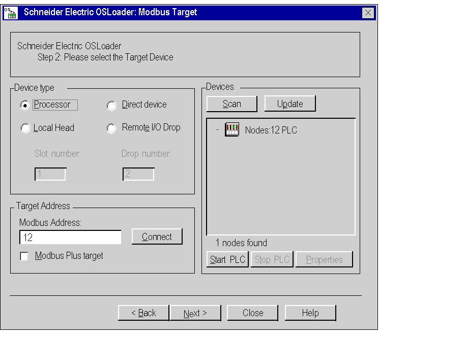 Description of Screens Communication Protocol: Modbus Target Screen General The Modbus Target dialog box allows you to choose the target device according to the Modbus communication type.