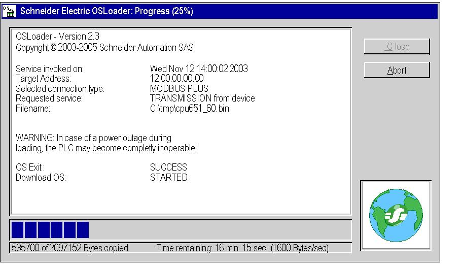 Description of Screens Progress Screen General The Progress screen indicates: the OS transfer progress, the number of bytes downloaded, the remaining time, the transfer rate in bytes/second.
