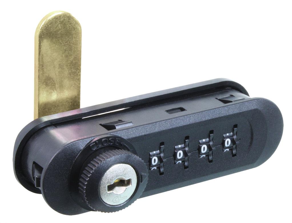 4 Digit Combination Lock Horizontal 8 H 1, possible combinations Each lock comes with modes: Public: multiple users Personal: single user Black plastic housing and metal inner workings Suitable for