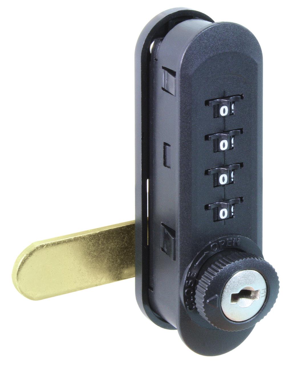 4 Digit Combination Lock Vertical 8 V 1, possible combinations Each lock comes with modes: Public: multiple users Personal: single user Black plastic housing and metal inner workings Suitable for