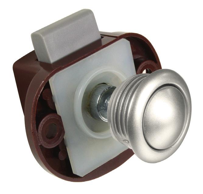 Concealed Push Knob Lock - Small - Unlocked Concealed knob when locked Keyless locking mechanism Satin nickel knob & bezel ABS brown plastic housing & strike 16 4 mm (5/8 1 ) material thickness