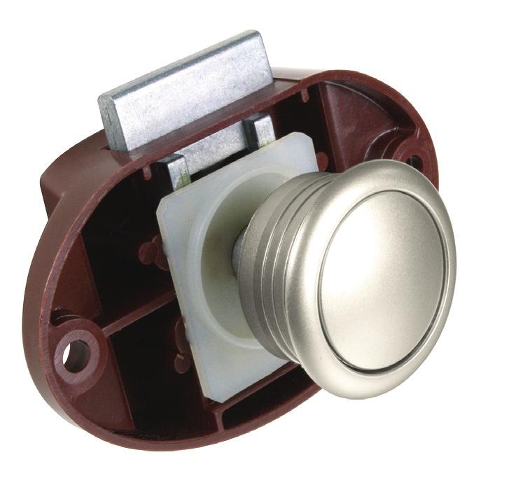 Concealed Push Knob Lock - Large - Concealed knob when locked Keyless locking mechanism Satin nickel knob & bezel ABS brown plastic housing & strike 16 4 mm (5/8 1 ) material thickness (special order