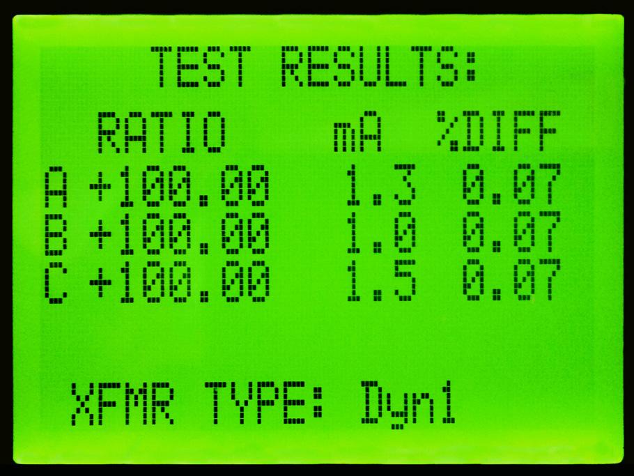 Measured Ratio for Phase A, B, and C Excitation Current Reading Percentage Error typical test results screen Winding Polarity Transformer Type thermal printer output (optional) Test results can be