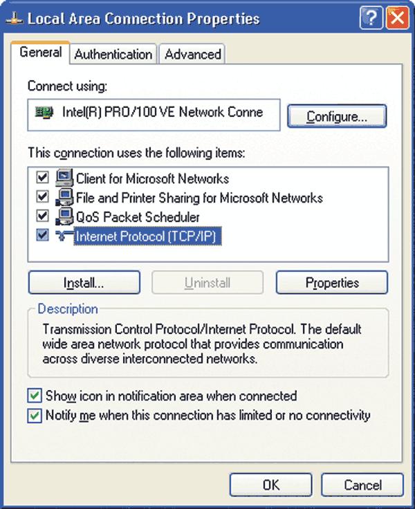 4. Select Internet Protocol (TCP/IP) in the This connection uses the following items window and click on the Properties button. 5. Click on the General tab. 6.