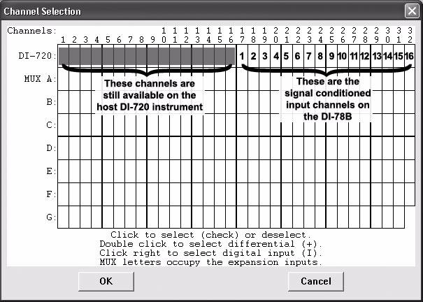 DI-720 Host Instruments Typical channel selection grid showing a DI-78B with a host DI-720 All channels (on both the DI-720 and the DI-78B) are enabled on the top row of the Channel Selection grid.