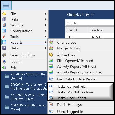 Part 3 Task Manager Reports Task reports can be accessed in the Admin menu: Reports Tasks: Current File This report lists all Tasks for the Current File in a Word document.