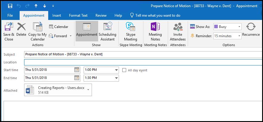 The calendar appointment can be opened and edited in the ACL Calendar directly in Outlook. Any attachments added to the appointment in ACL will also be accessible.