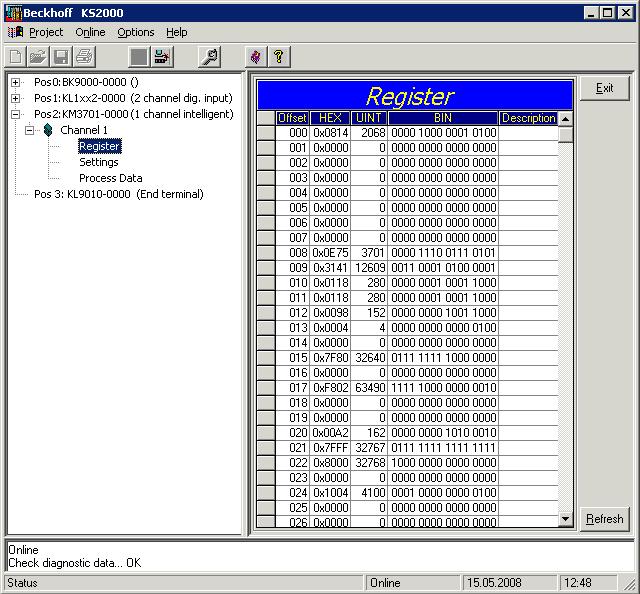 KS2000 Configuration software 5.3 Register Under Register you can directly access the registers of the terminal module (KM3701 in this example).