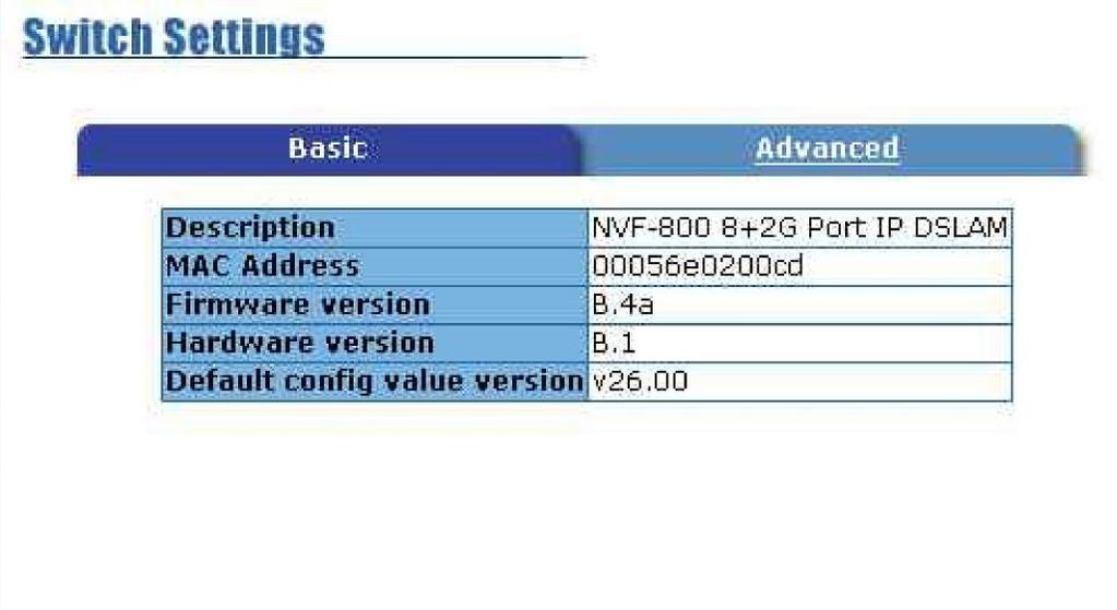 4.2.2-4-2. IP DSLAM Setting 2-4-2-1.Basic 1. Description: Display the device type of name. 2. MAC Address: The unique hardware address assigned by manufacturer 3.