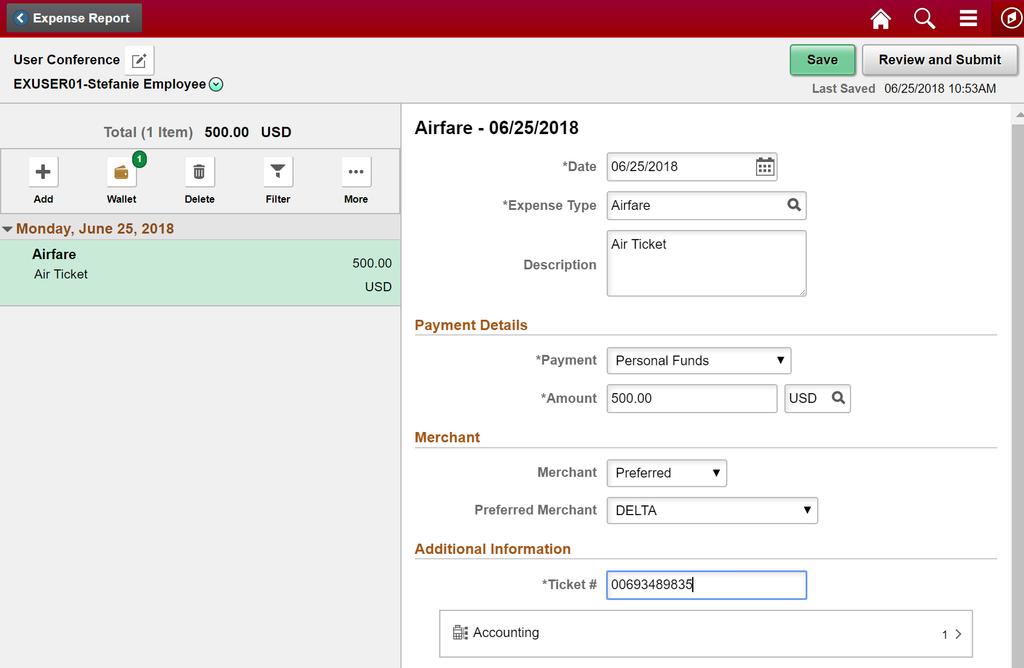 Creating an Expense Report Wallet Option 11 The wallet stores single expense items entered for future use on an expense report.