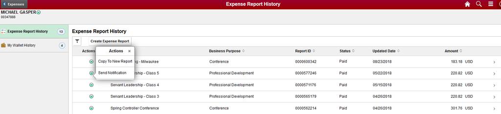 Expense History Options Copy to New Report will create a new report based on an existing report which