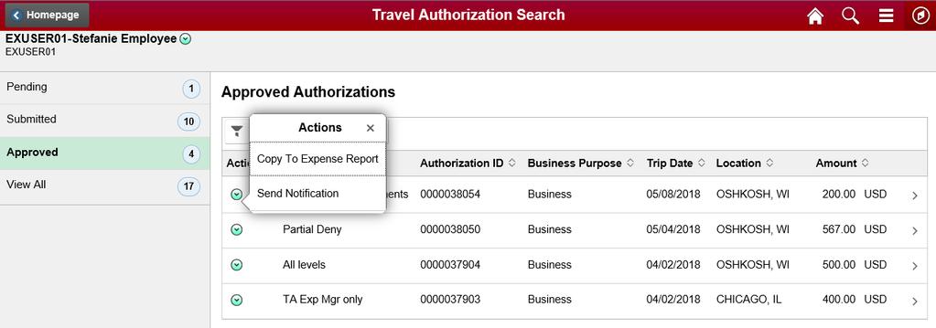 Travel Authorization Copy to Expense Report After submission, the Travel Authorization is routed to the appropriate Approver.