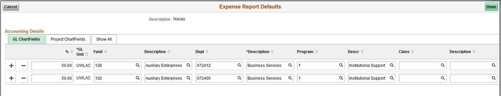 Expense Report Add / Split Funding Click on Accounting Defaults The screen below will appear Click on the + to add an additional funding string for allocation of expenses