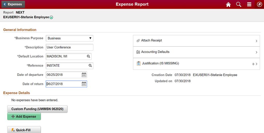 Creating an Expense Report Add Expense 9 Instate/outstate are now at the header level (entry is saved on each expense
