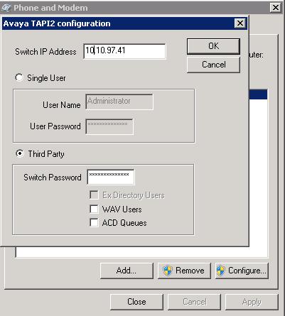 Once the Avaya TAPI2 configuration window opens, enter the following: Switch IP address Enter the IP address of the pertinent IP Office, in this case 10.10.97.41.