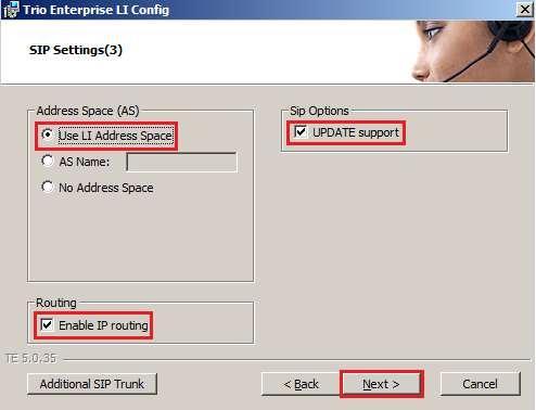 In the subsequent window enter the following settings: Use LI Address Space Click on the radio button.