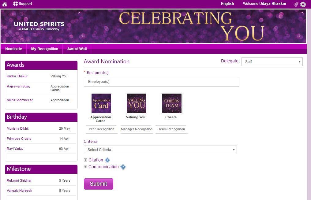 1. Nomination Giving Recognition is an easy and seamless 4 step process on the portal.