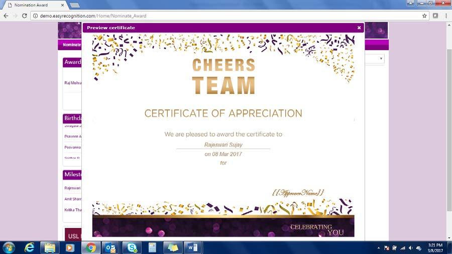 Team Awards: For giving a team award, the user follows the same steps as above for selecting the recipient.