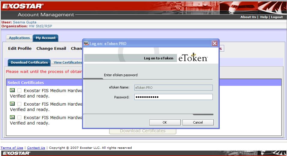 Enter the token password and click on OK.